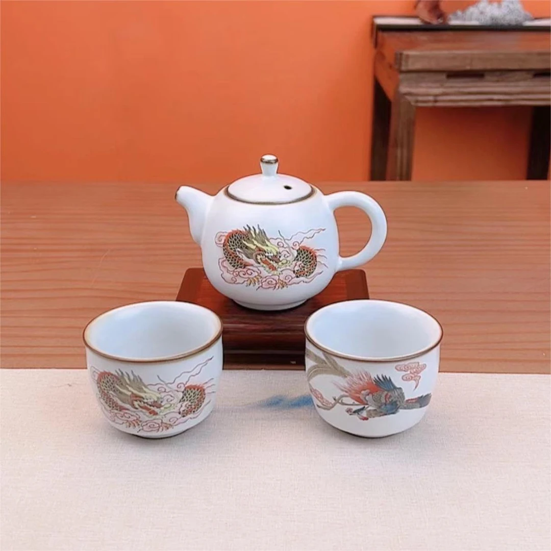 祥龙汝窑铁胎陶瓷茶壶泡茶壶茶具（配龙凤两杯）