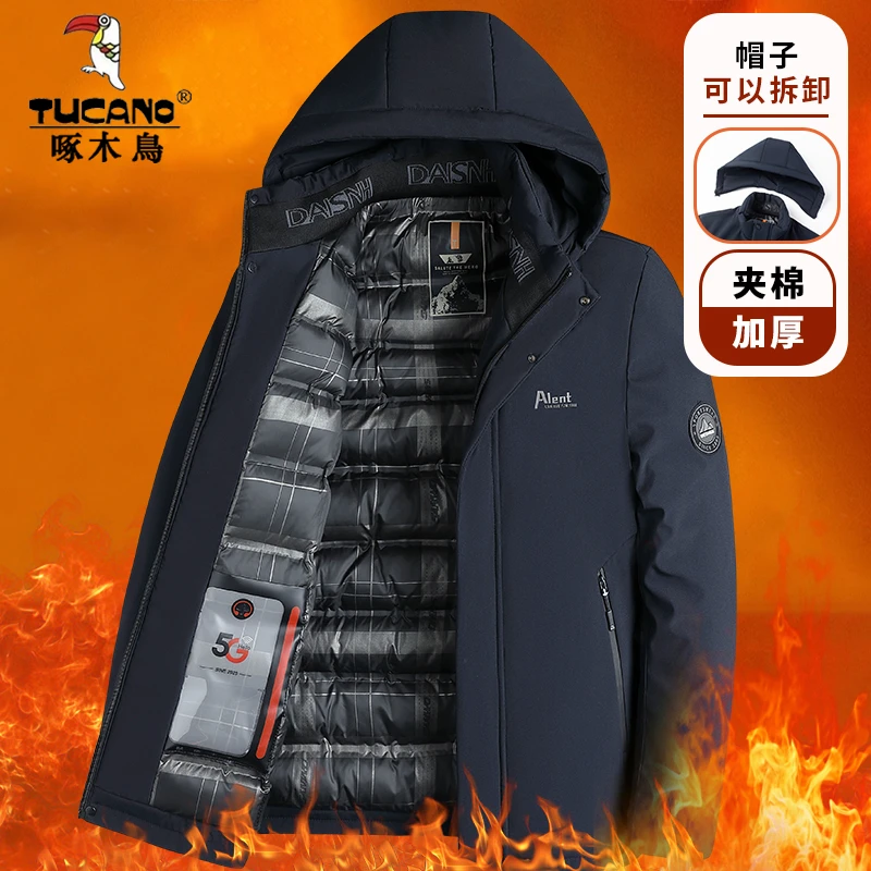 啄木鸟加绒加厚棉衣男士冬季商务休闲保暖抗寒防风可拆卸帽外套
