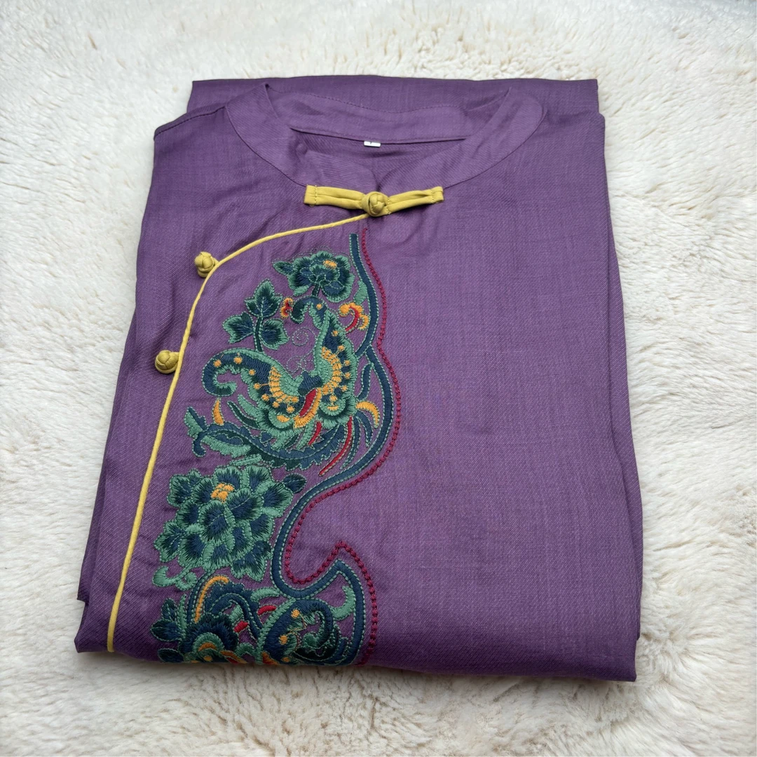 （牡丹蝴蝶）苎麻刺绣纯色改良旗袍连衣裙复古国风