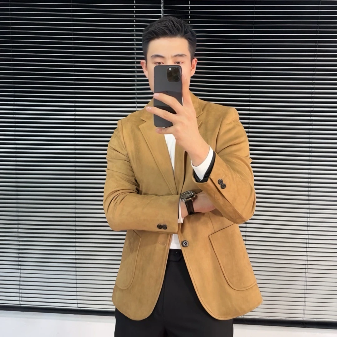 绒面休闲西装男外套秋冬款帅气痞帅修身百搭时尚休闲小西服男装