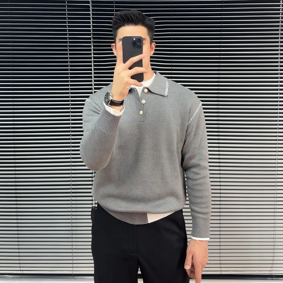 12针棉纱线柔软亲肤翻领polo衫毛衣痞帅休闲辑明线男士修身针织衫