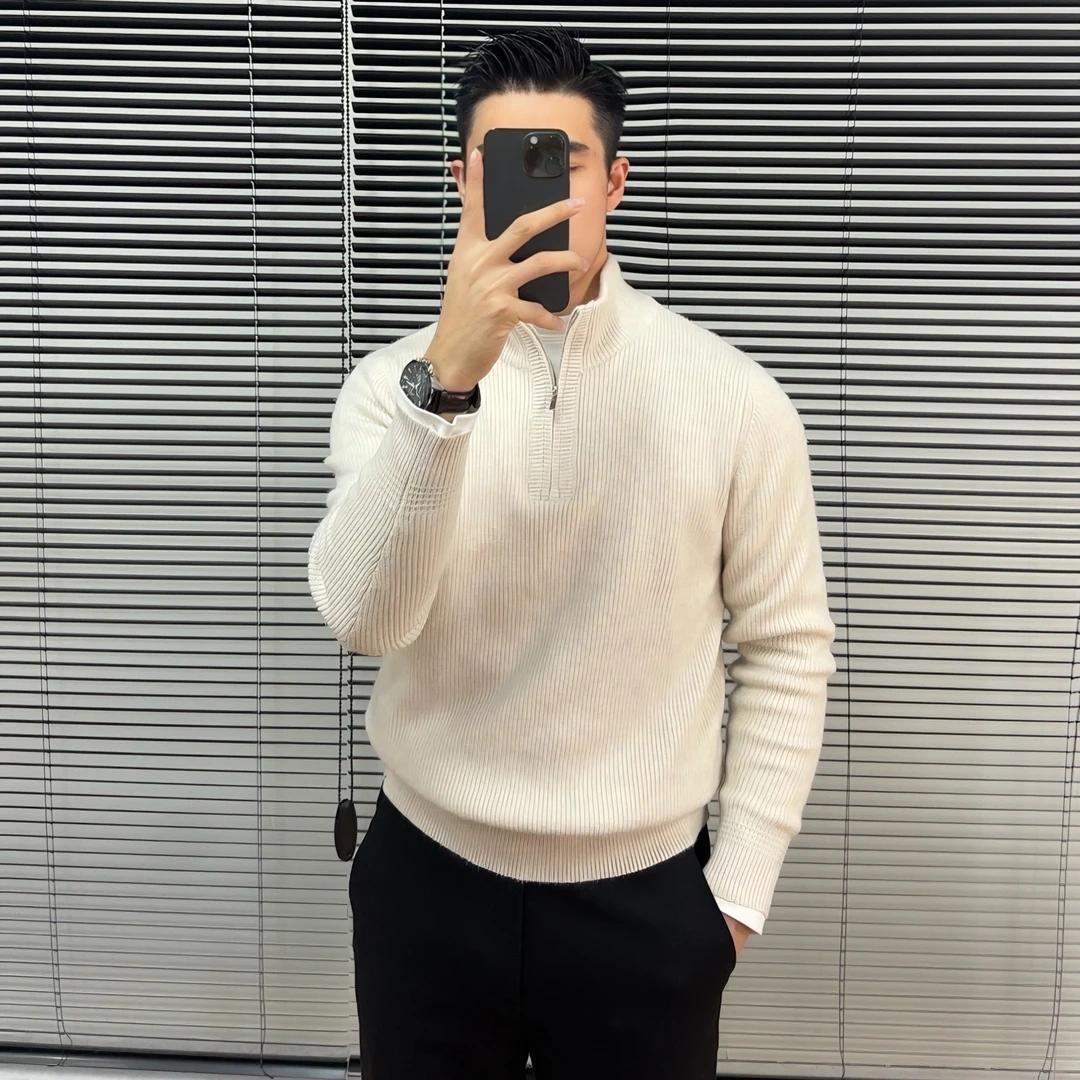 秋冬新款拉链领针织衫男装痞帅休闲套头毛衣男士半高领修身打底衫