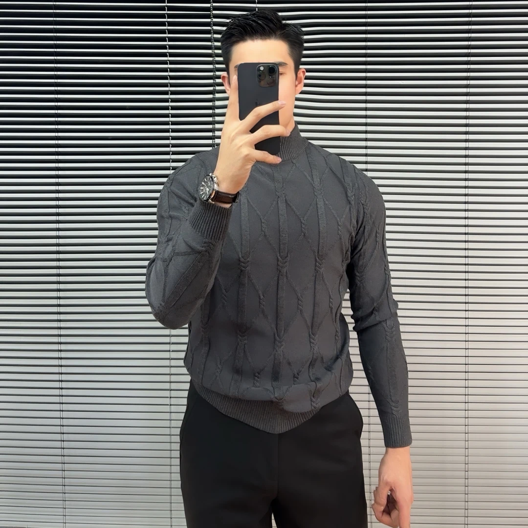 痞帅半高领毛衣男秋冬韩版提花修身针织衫男士休闲内搭打底衫弹力