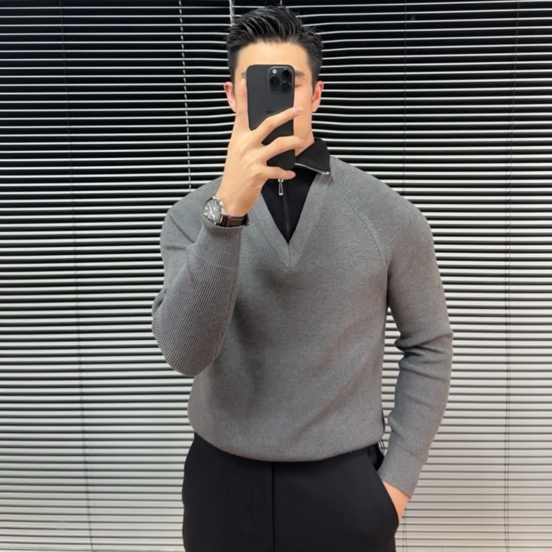 高级感秋冬新款痞帅假两件撞色毛衣拉链领外套翻领针织衫上衣男装