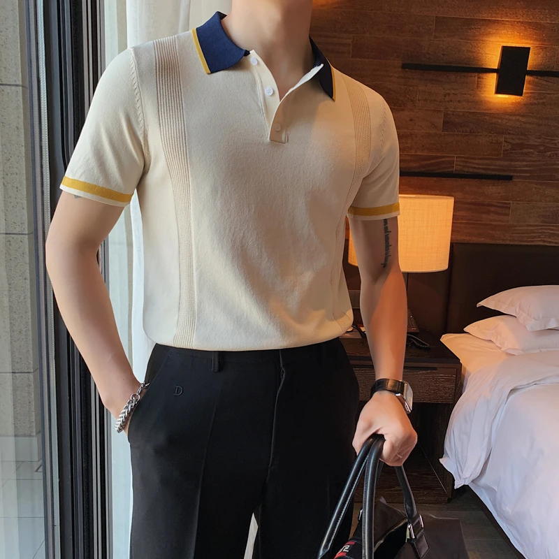 夏季轻奢男士品质针织短袖Polo衫型男英伦时尚冰丝透气翻领T恤潮