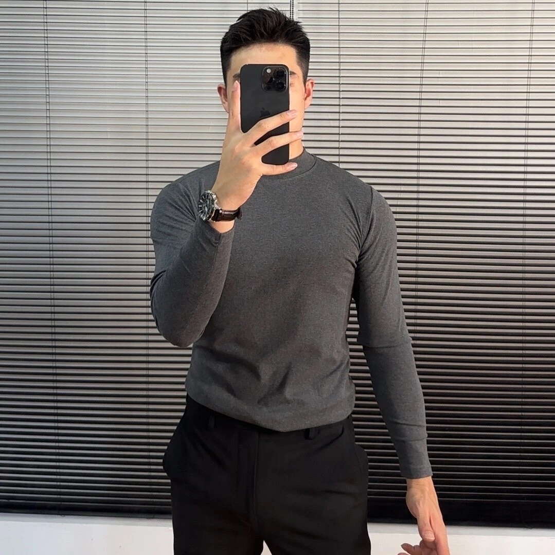 小中领92%棉T恤男士长袖紧身百搭休闲纯色半高领打底衫内搭简约