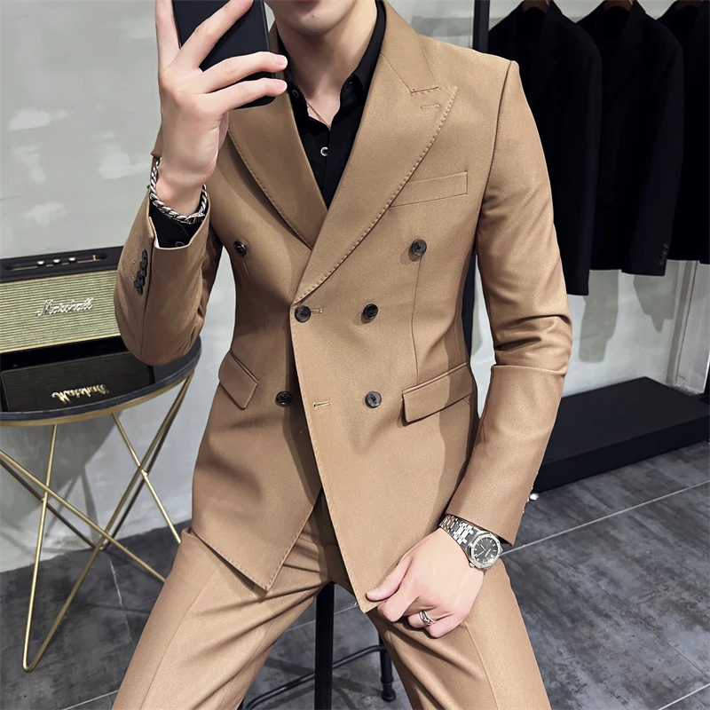 男士双排扣西装套装2023春季新款潮流修身感痞帅西服商务休闲结婚