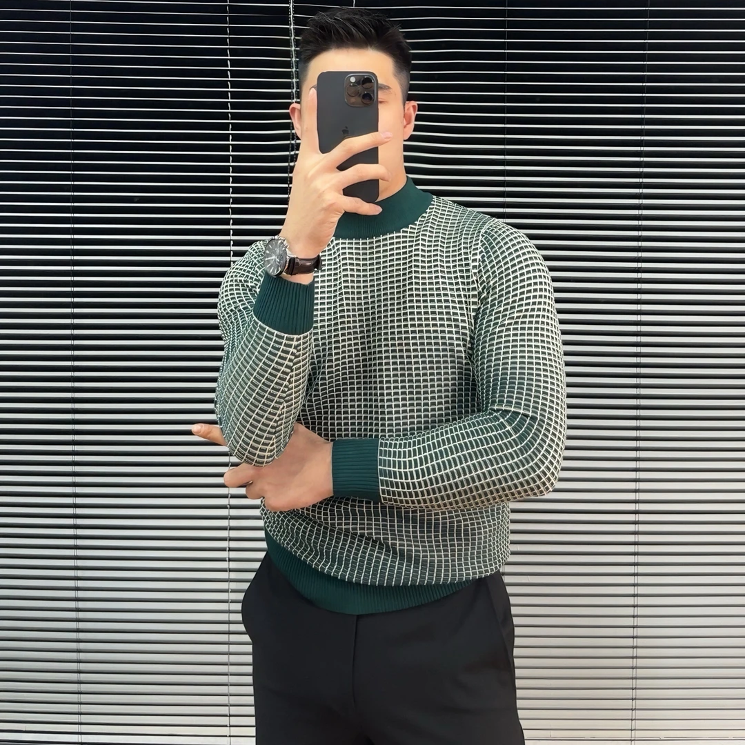 半高领小格子针织衫毛衣男士秋冬新款修身中领打底衫潮流休闲内搭