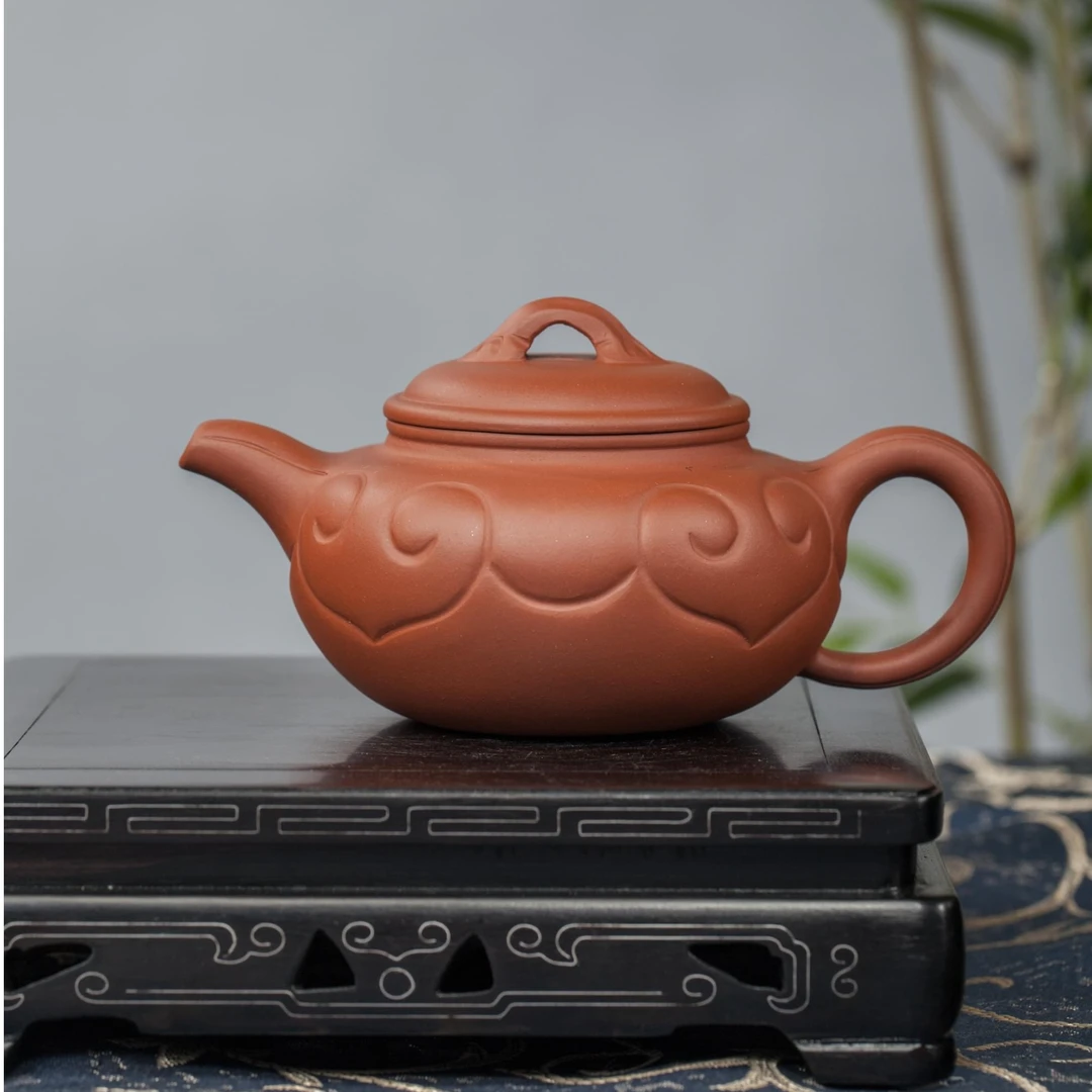 微瑕官窑紫砂一厂80年代白标期-红仿古如意壶 260cc