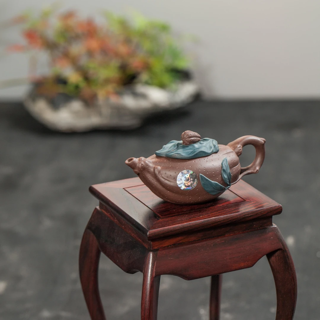 官窑紫砂一厂90年代镭射标期-多色佛手壶70cc应红琴制