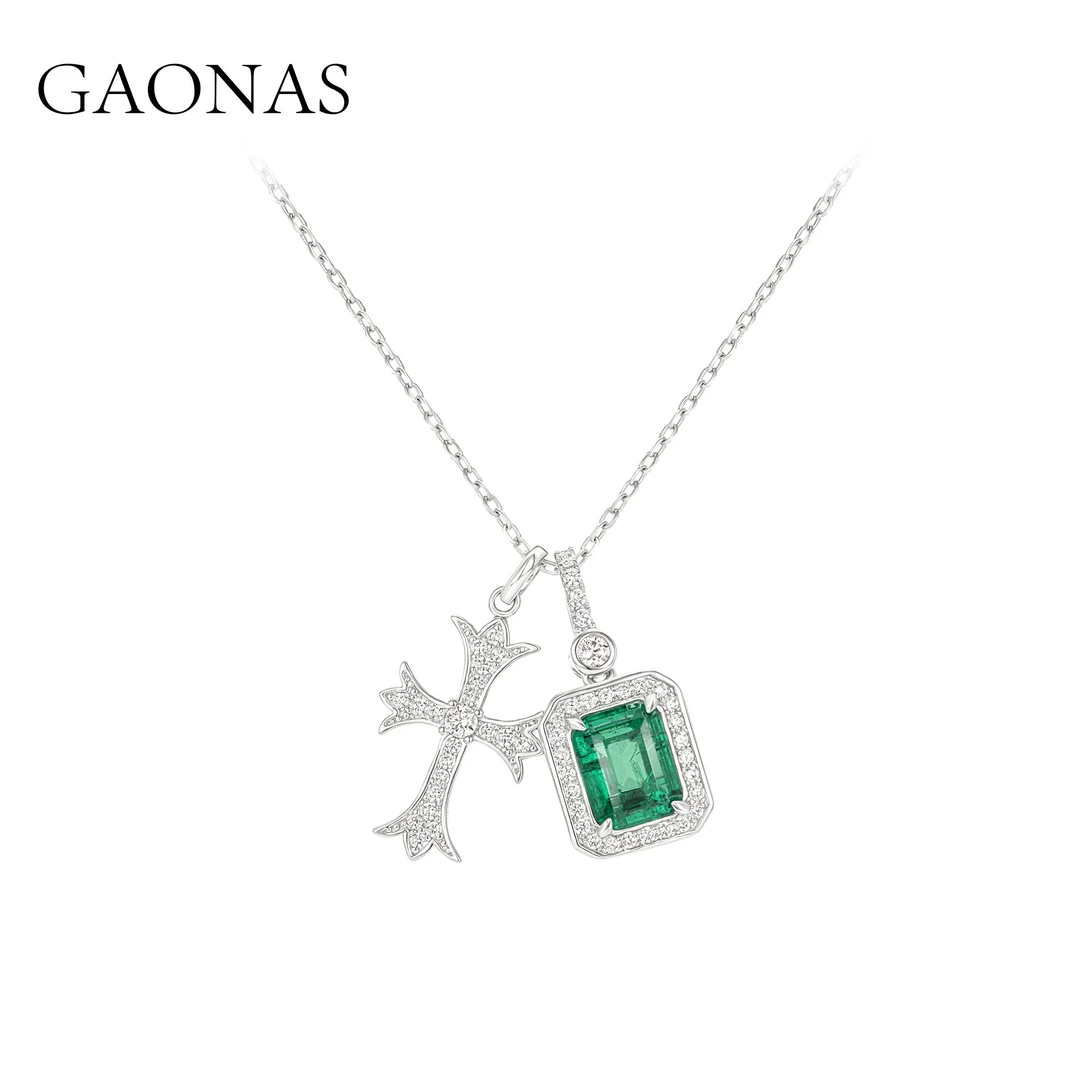 GAONAS 坠链均925银合成锆石 高纳仕十字时尚绿组合项链 GX075600
