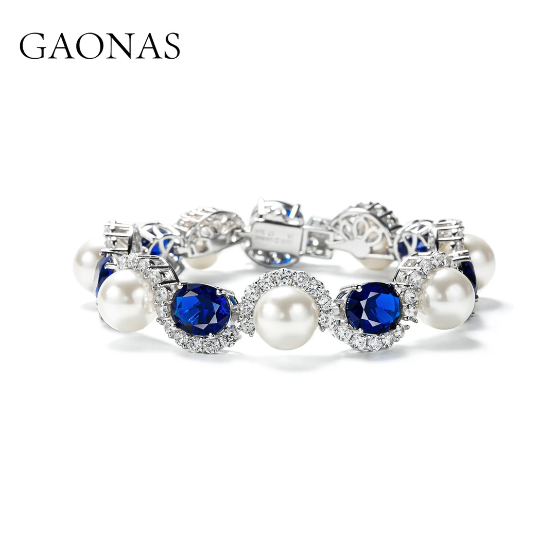 GAONAS 925银仿珍珠手链 高纳仕浪花朵朵镶嵌蓝珠手链BS114400
