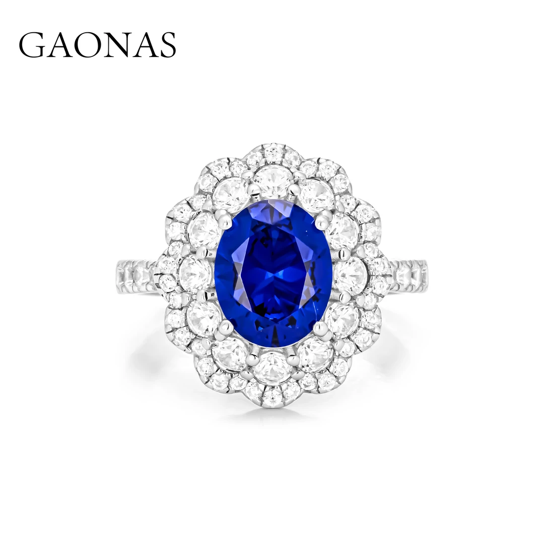 GAONAS 925银合成锆石戒指 经典贵气美双环花奢华蓝色戒指11036JB
