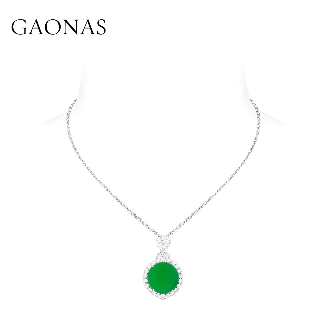GAONAS 坠链均925银合成锆石 时髦贵气国风绿色平安牌项链10831XG