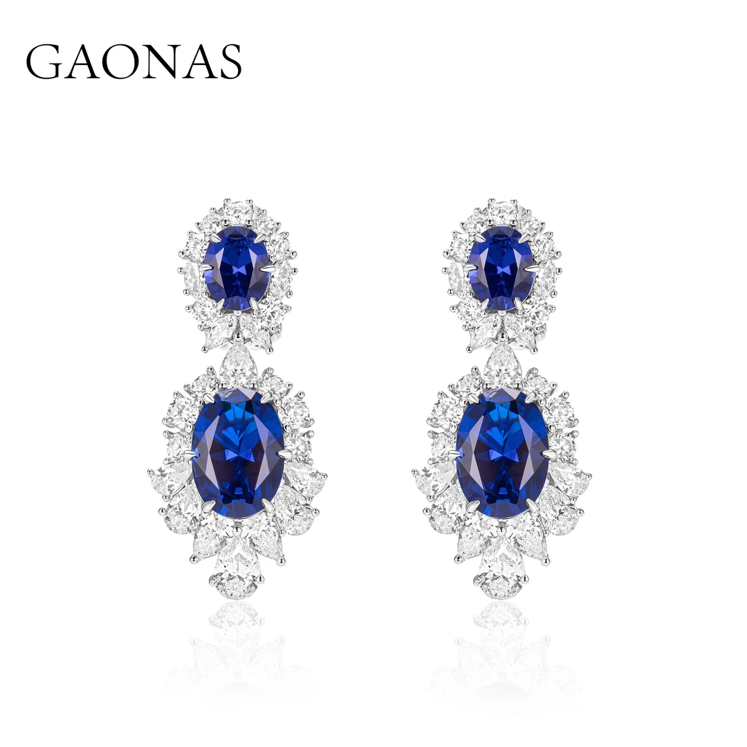 GAONAS 925银合成锆石耳饰 豪华经典重磅双石蓝色设计耳环11020EB