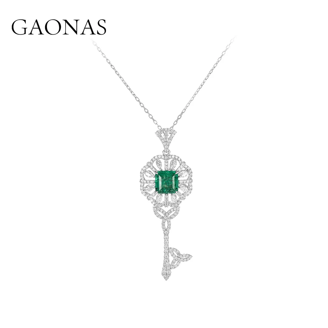 GAONAS 坠链均925银合成锆石 高纳仕  绿色花朵钥匙项链 GX081533