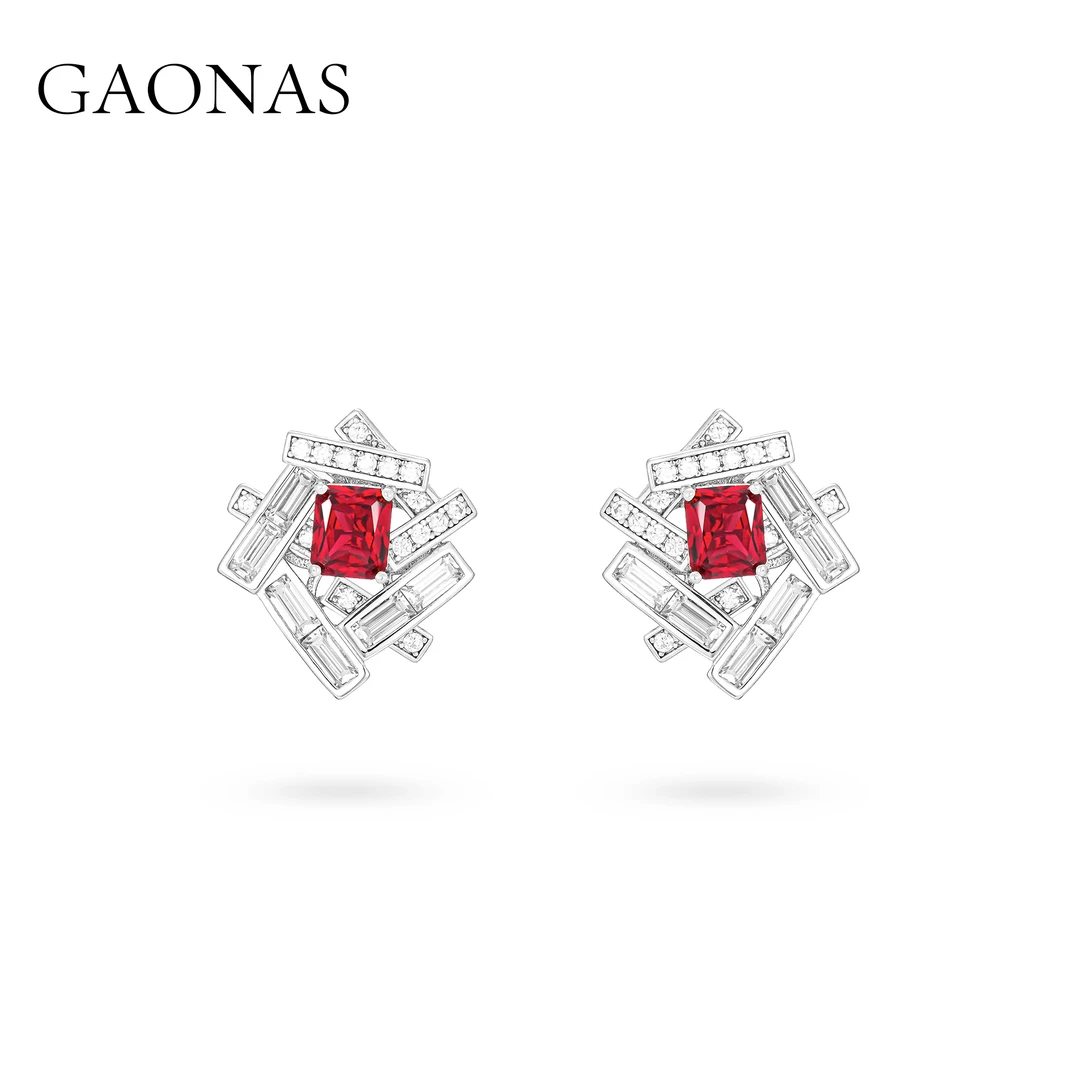 GAONAS 925银合成锆石耳饰 热颂红 冬日暖色红色设计 耳钉11208ER