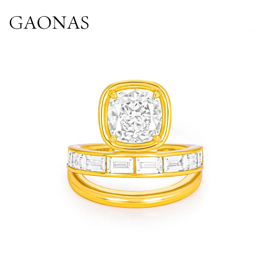 GAONAS 925银合成锆石戒指 时尚金色设计气质圆形开口戒 10772JGO