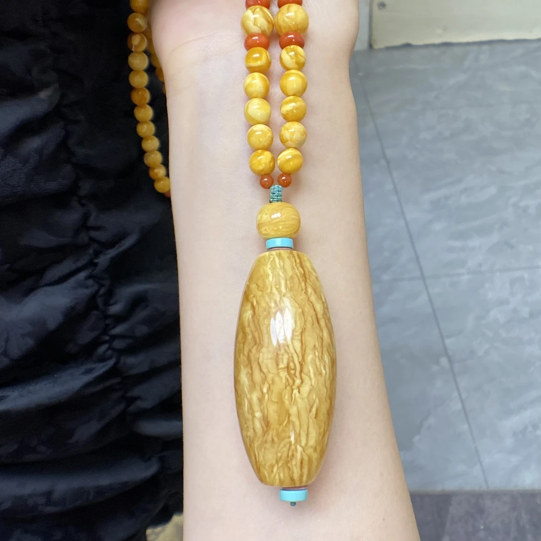 天然蜜蜡瓷白虎皮路路通吊坠毛衣链项链时尚百搭