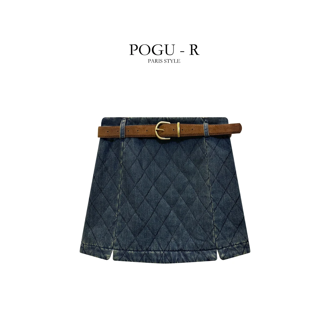 POGU-R 2024秋冬新款进口重工复古牛仔夹棉半身裙女AWBQ-1102