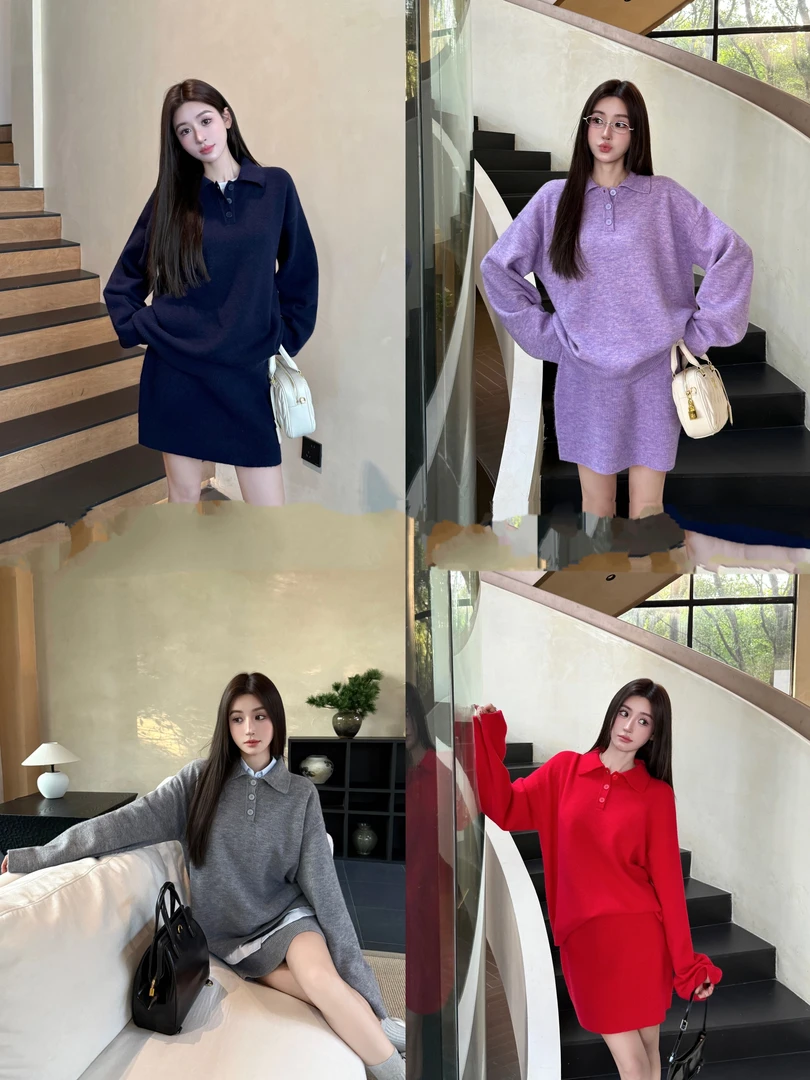 POGU-R 秋季新款优雅女士套装针织衫毛衣半身裙
