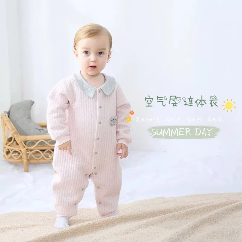 婴儿连体衣服春秋冬季三层保暖衣空气棉哈衣宝宝薄棉衣秋装爬爬服