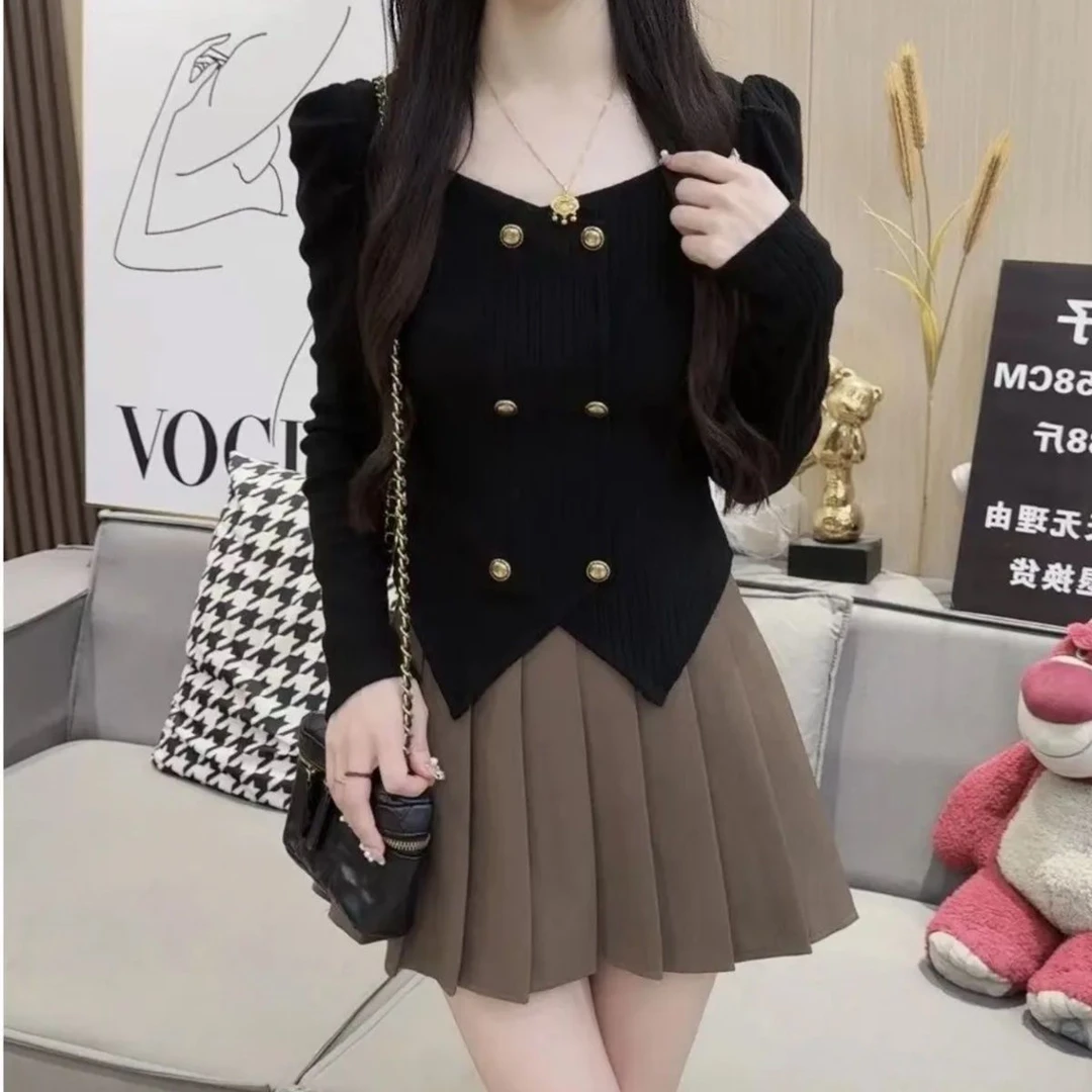 2025秋冬季新款韩系甜美纯欲小香风双排扣长袖修身针织打底衫上衣