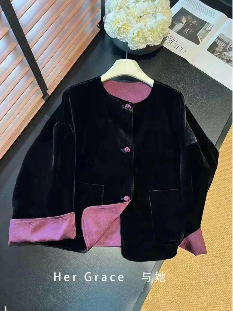 秋季新款黑色丝绒两面穿外套中式复古女装上衣