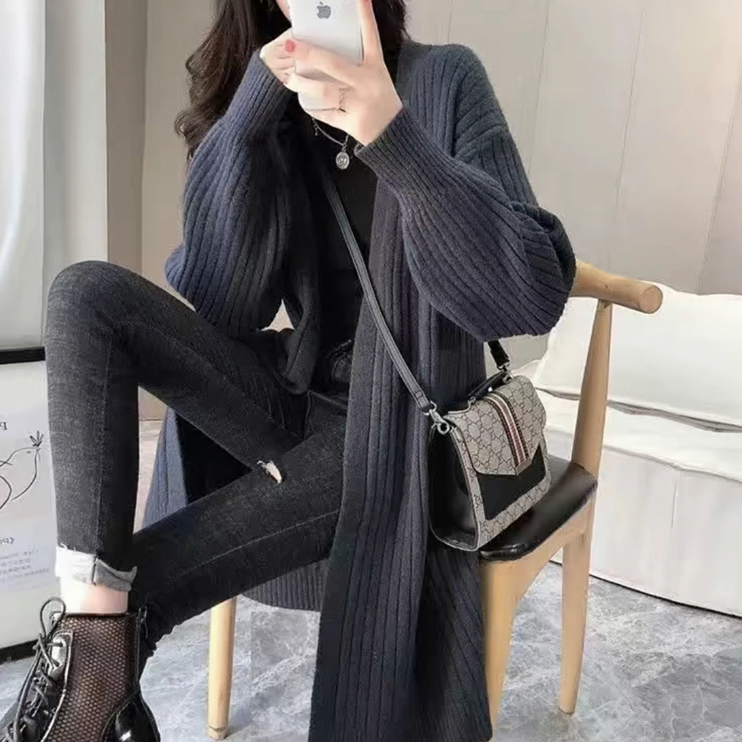 秋季女装上衣慵懒风毛衣中长款女式法式新款韩版宽松针织开衫外套