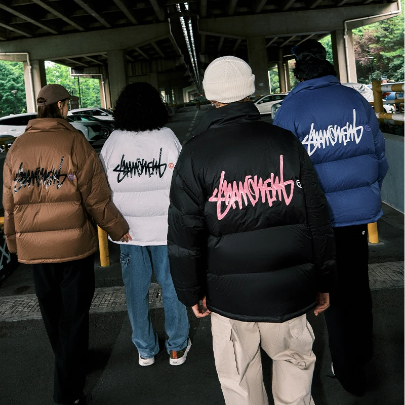 SUAMOMENT抓痕字母LOGO基础羽绒服无性别冬加厚短款外套情侣上衣