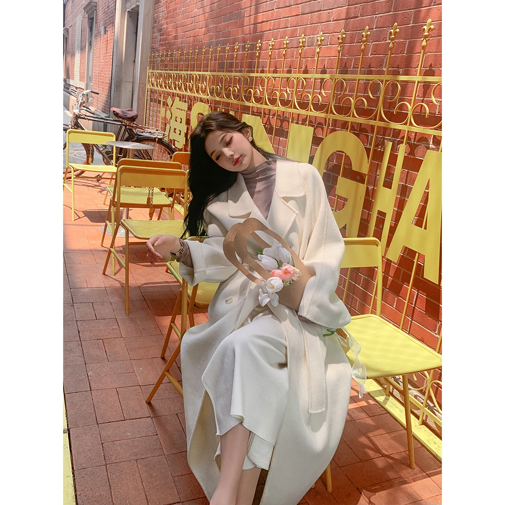 【白色魔鬼】大衣女双面羊毛宽松慵懒风系带中长款