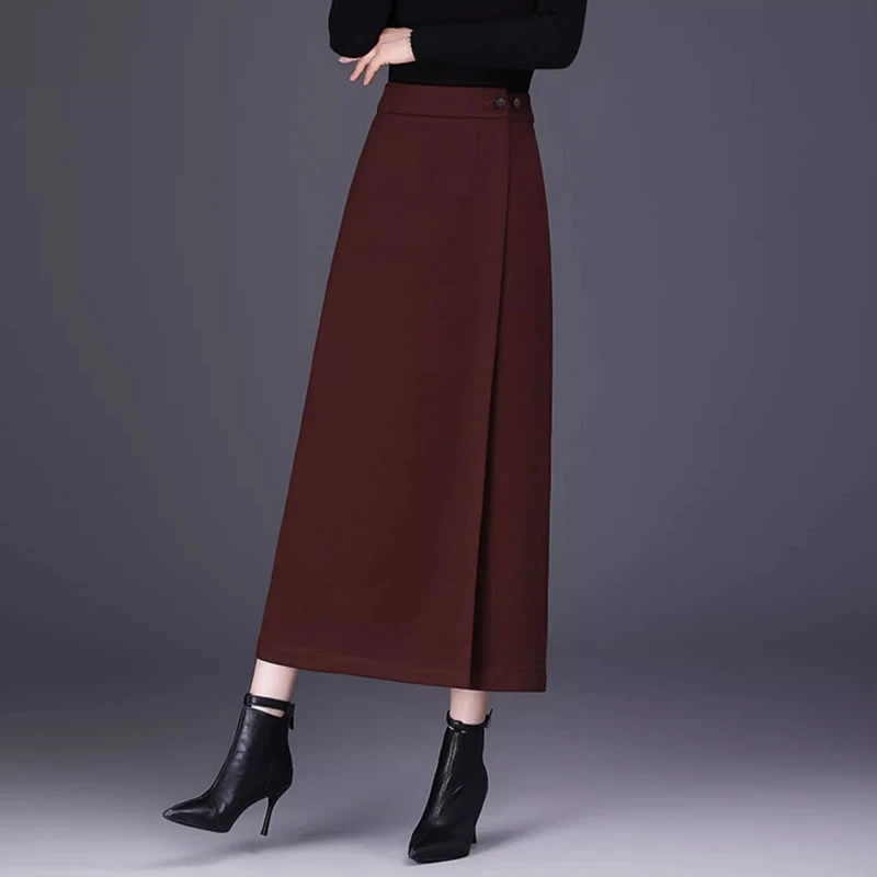 毛呢半身裙女秋冬新款气质长裙一片式别致独特裙子直筒开叉包臀裙