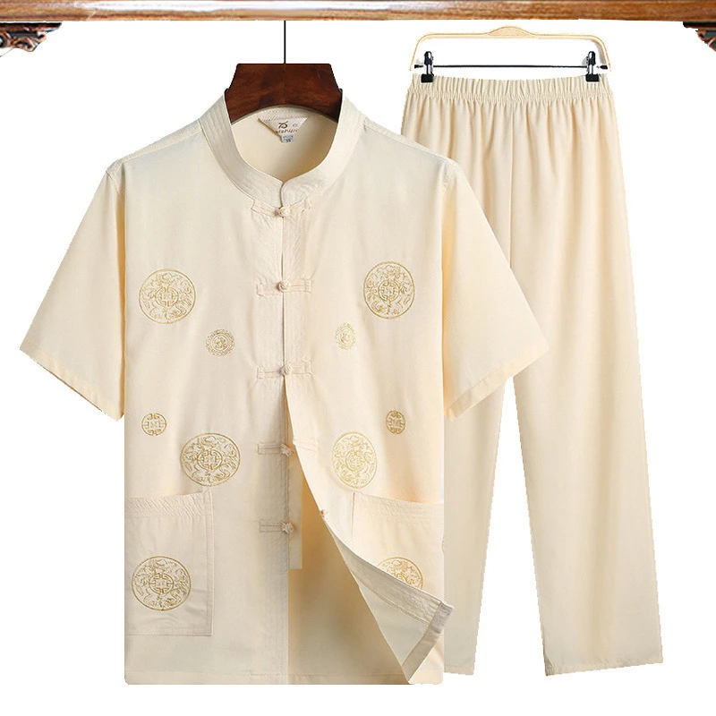 夏季爷爷装唐装男士短袖套装中国风盘扣中式中老年人衣服爸爸装男