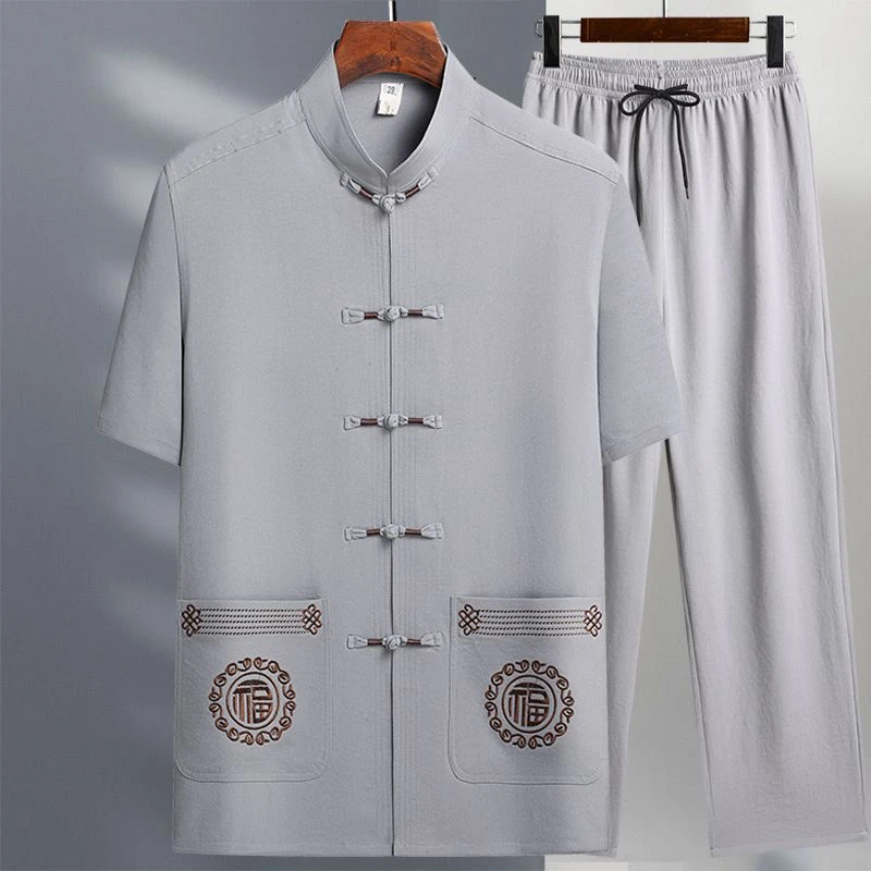 唐装男中老年爸爸装冰丝短袖套装中国风爷爷夏季两件套老年人衣服