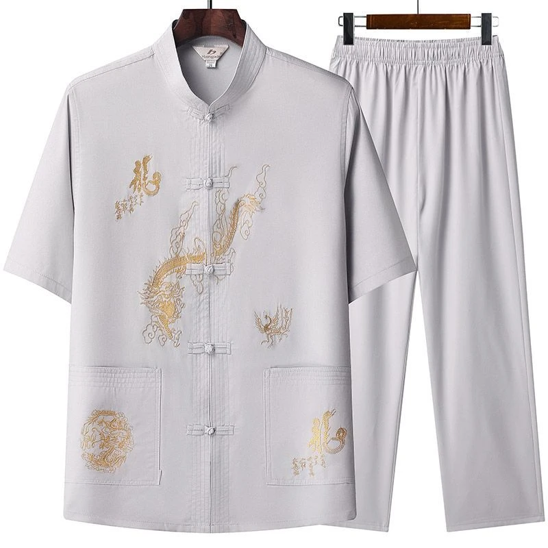 中老年唐装男中国风夏季短袖套装爷爷装太极汉服老人衣服爸爸夏装