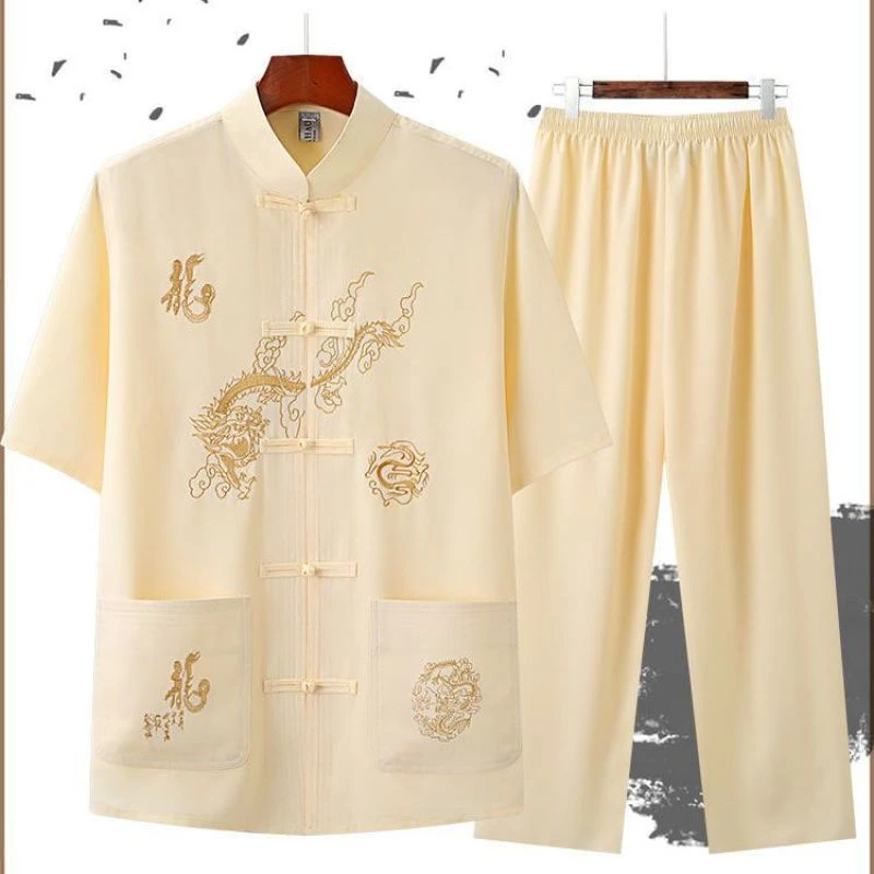 唐装中国风夏季短袖休闲套装爷爷爸爸宽松汉服中老年晨练演出服装