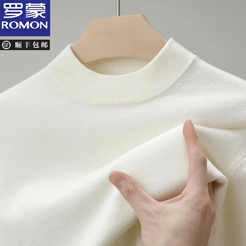 罗蒙秋冬季加厚保暖针织衫毛衣男白色半高领纯色百搭套头打底衫男