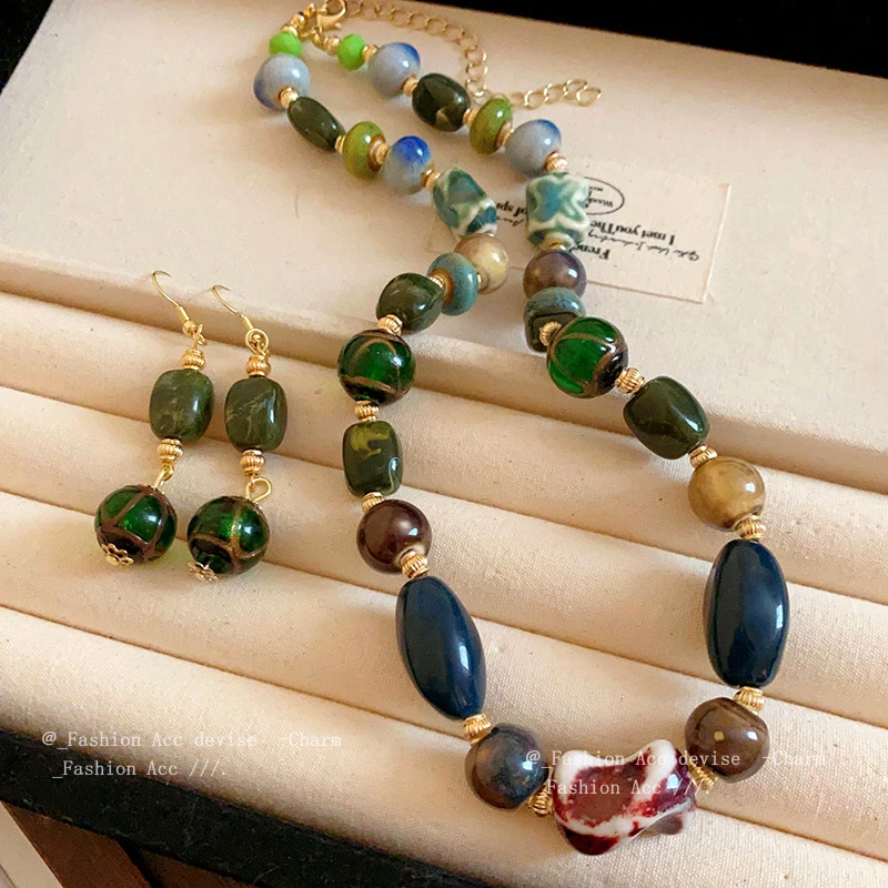 铜合金项链 新品-不规则串珠项链耳环套装复古气质锁骨链高级感女