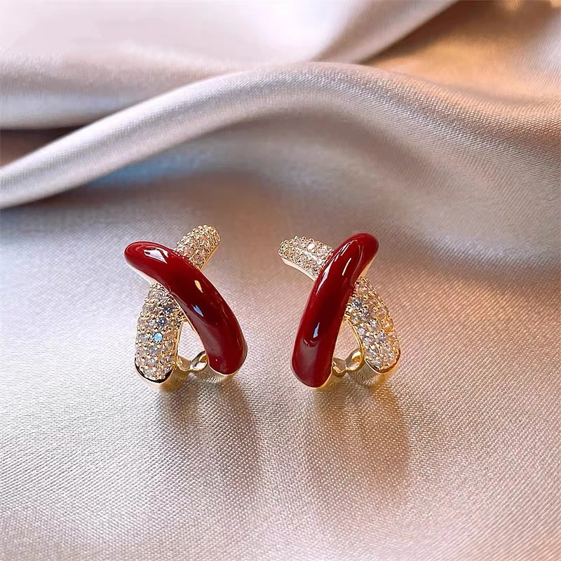 铜合金耳饰 红色交叉耳环女2025年新款本命年耳钉银针高级感耳饰