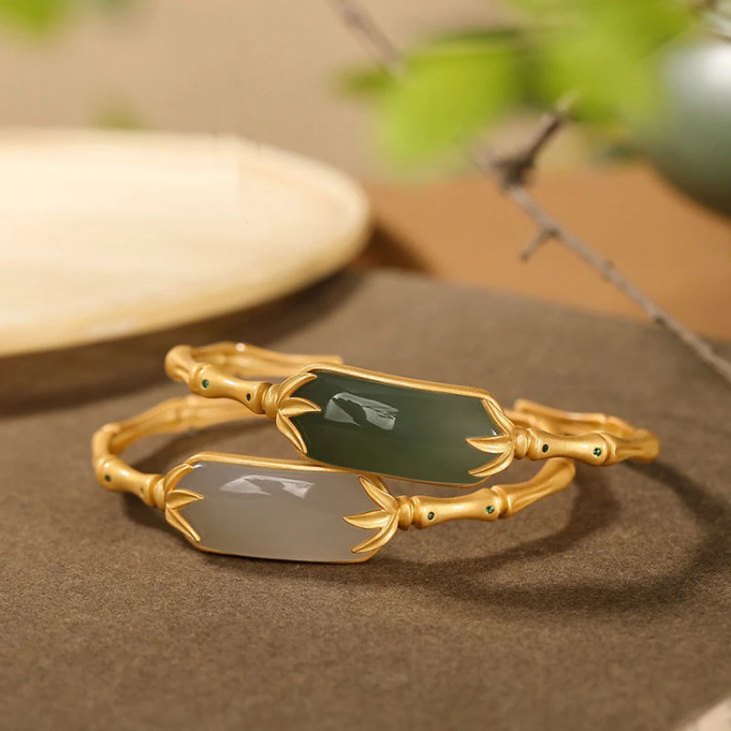 铜合金手镯 新品-民族风镶嵌天然烟紫竹节竹叶中国风复古款手镯