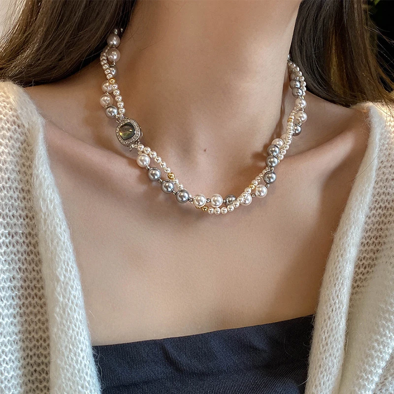 铜仿珍珠项链 新品-几何双层项链法式轻奢风气质锁骨链小众复古女
