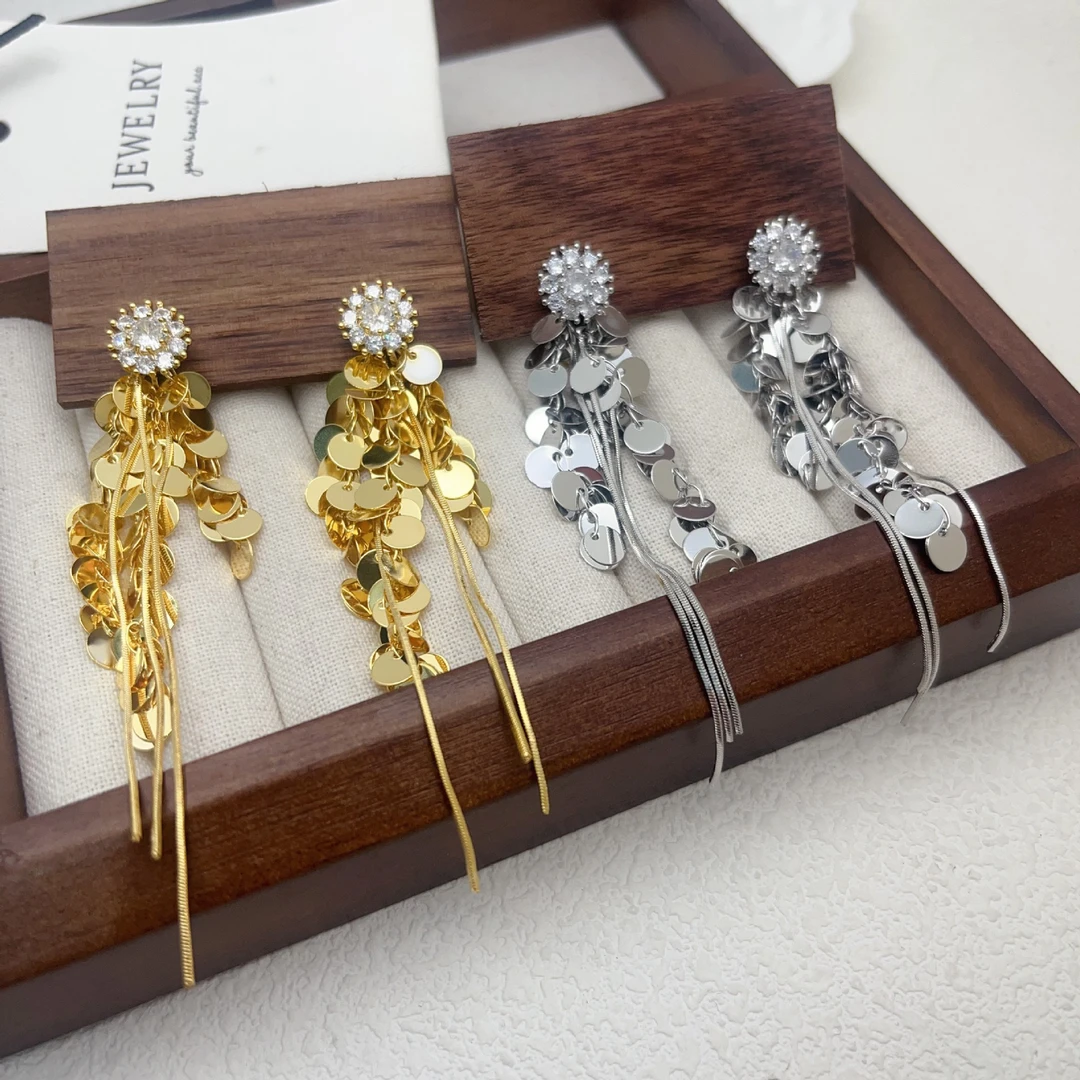 铜合金耳饰 品质款-高级感锆石花朵金属亮片流苏耳环百搭长款耳饰