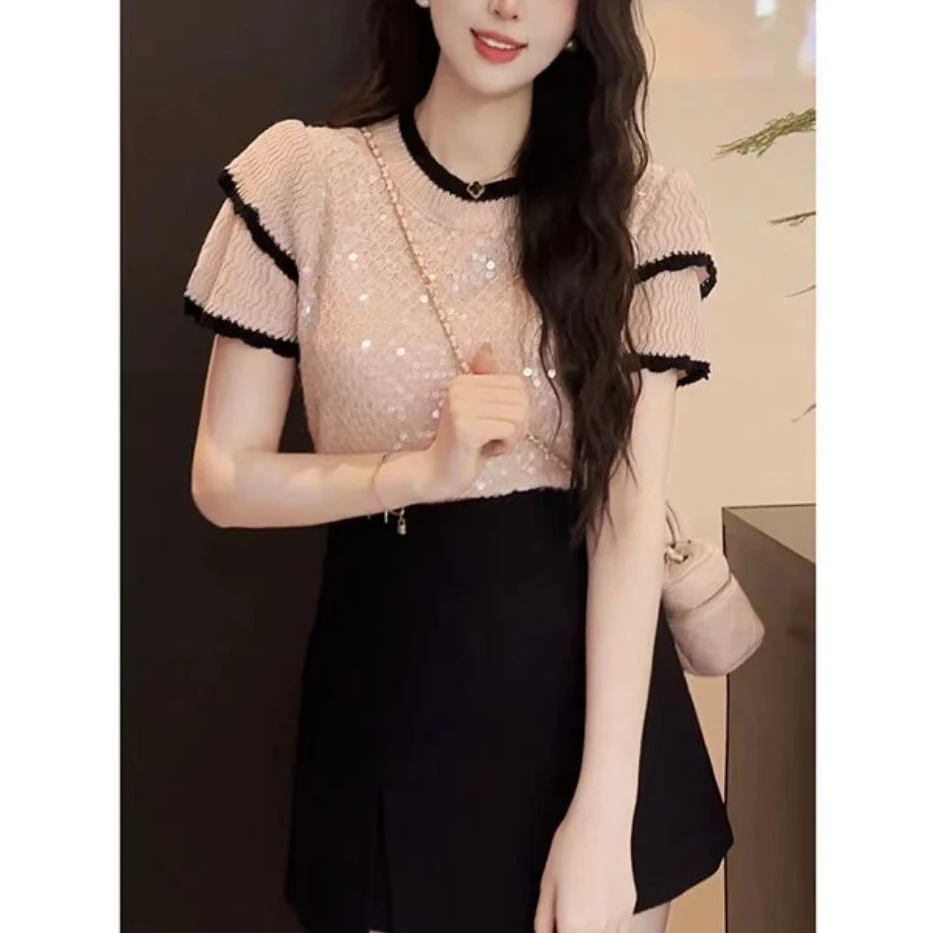 2025春夏新款韩版圆领套头撞色条纹荷叶袖拼接亮片短袖上衣女068