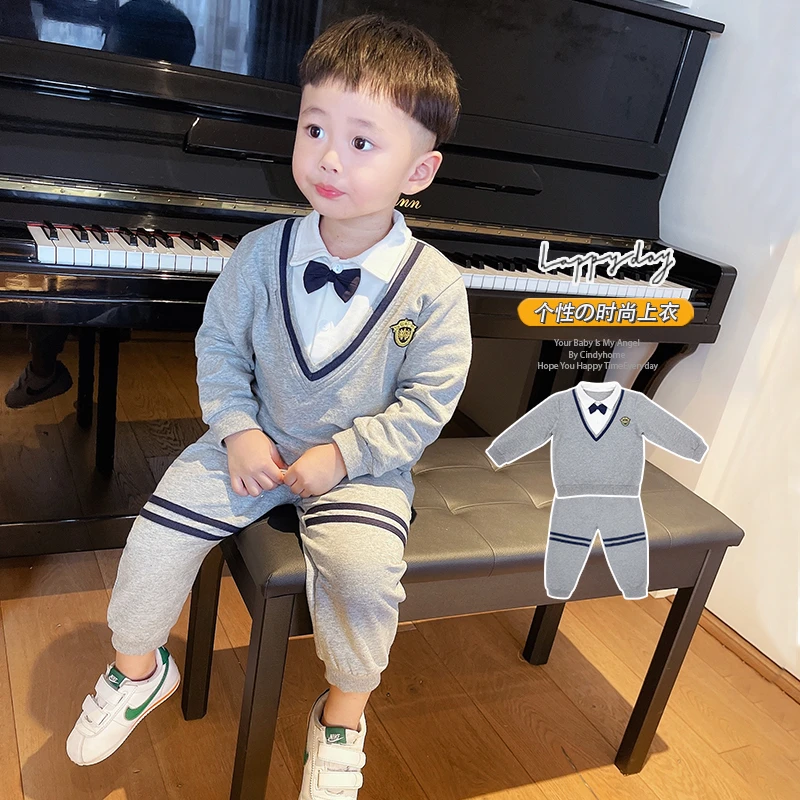 英伦风洋气男童套装春秋冬季加绒绅士儿童宝宝生日周岁两件套衣服