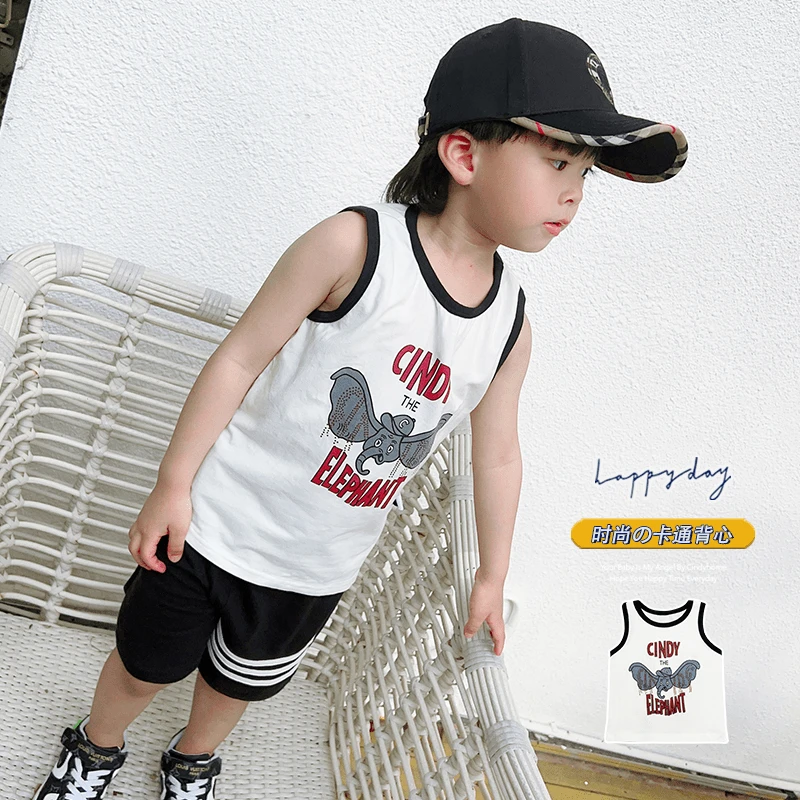 夏季中小童卡通印花无袖背心潮流洋气男宝宝薄款衣服儿童夏装