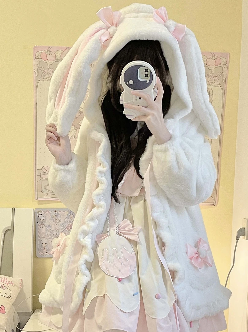 【软软兔】原创 Lolita短款外套可爱连帽JK学生棉服仿兔毛显瘦大码