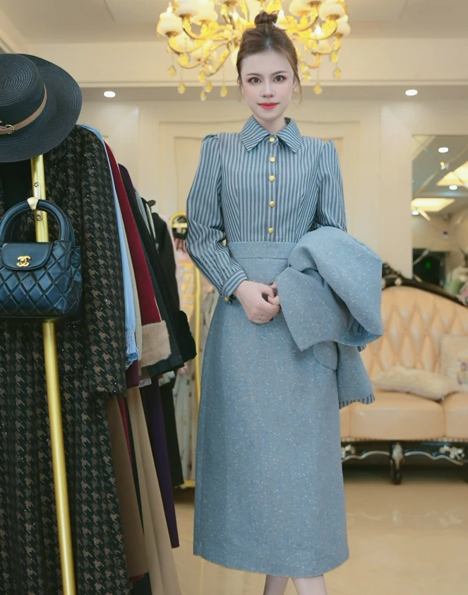 2024年秋季新款T309法式套装时尚洋气拼接减龄连夜裙