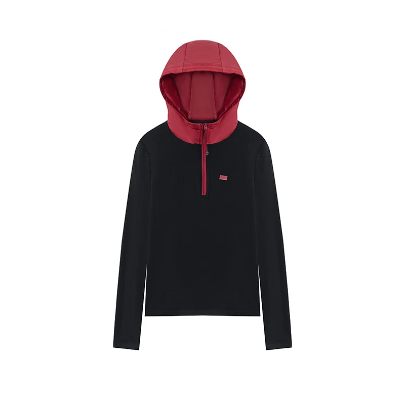 【叠穿公式】磨毛绒半拉链立体撞色帽贴标气质显瘦长袖T恤A2612JJ