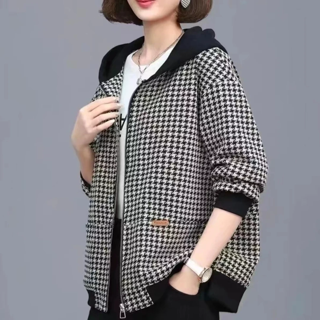 秋季女外套时尚女士连帽外套宽松休闲格子大码190斤可以穿千鸟格