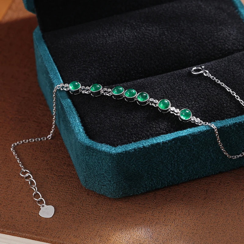 18K白金天然素面祖母绿手链镶钻石糖豆排链甜美百搭休闲女神1.1ct